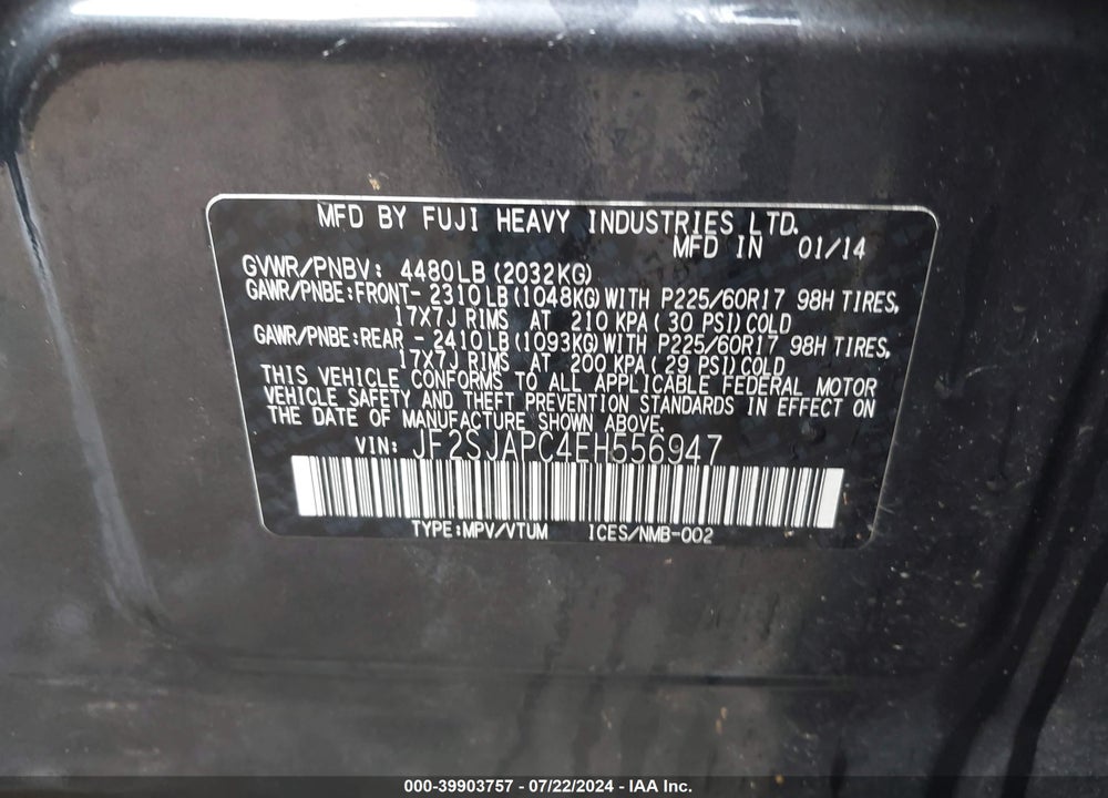 2014 SUBARU FORESTER 2.5I TOURING VIN: JF2SJAPC4EH556947