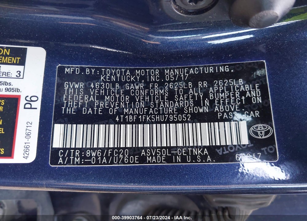 2017 TOYOTA CAMRY LE VIN: 4T1BF1FK5HU795052