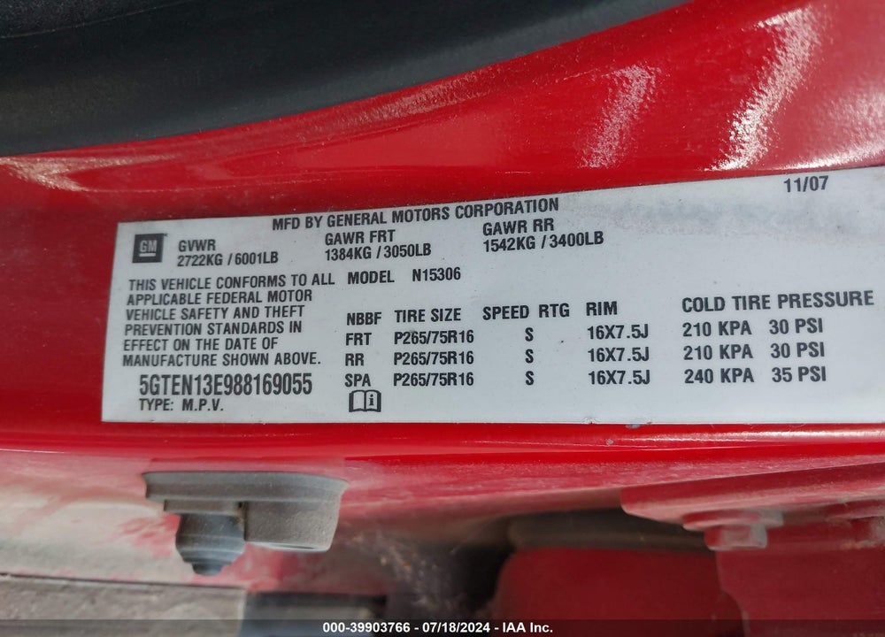 2008 HUMMER H3 SUV VIN: 5GTEN13E988169055