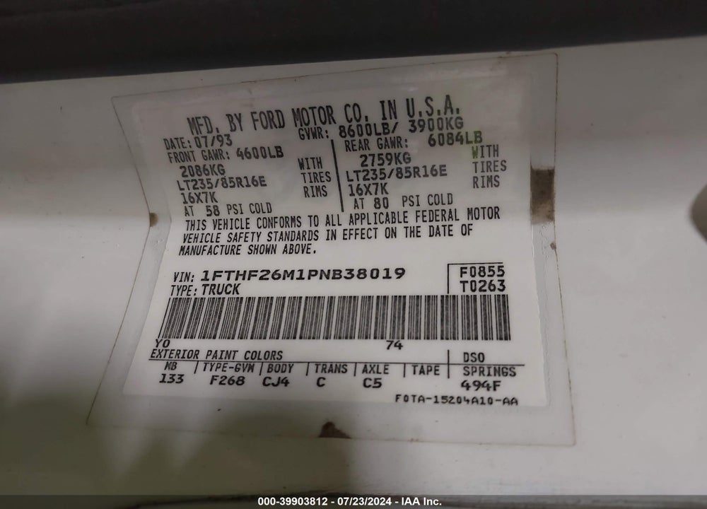 1993 FORD F250 VIN: 1FTHF26M1PNB38019