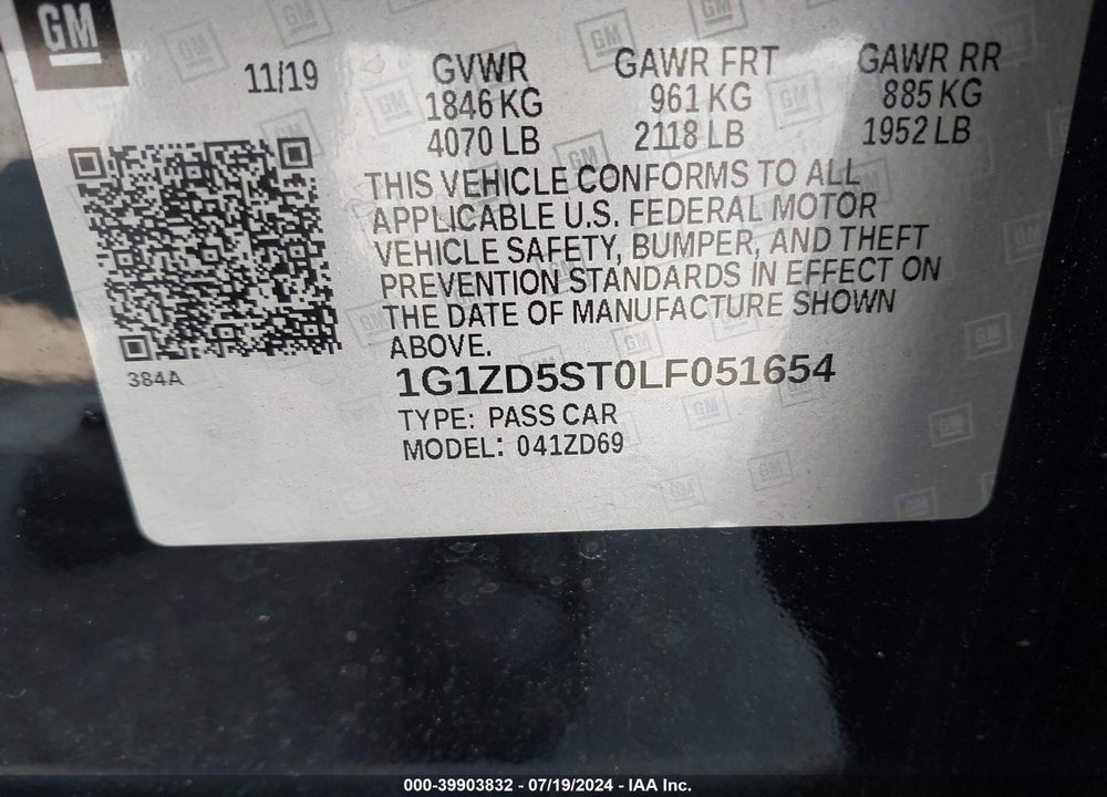 2020 CHEVROLET MALIBU FWD LT VIN: 1G1ZD5ST0LF051654