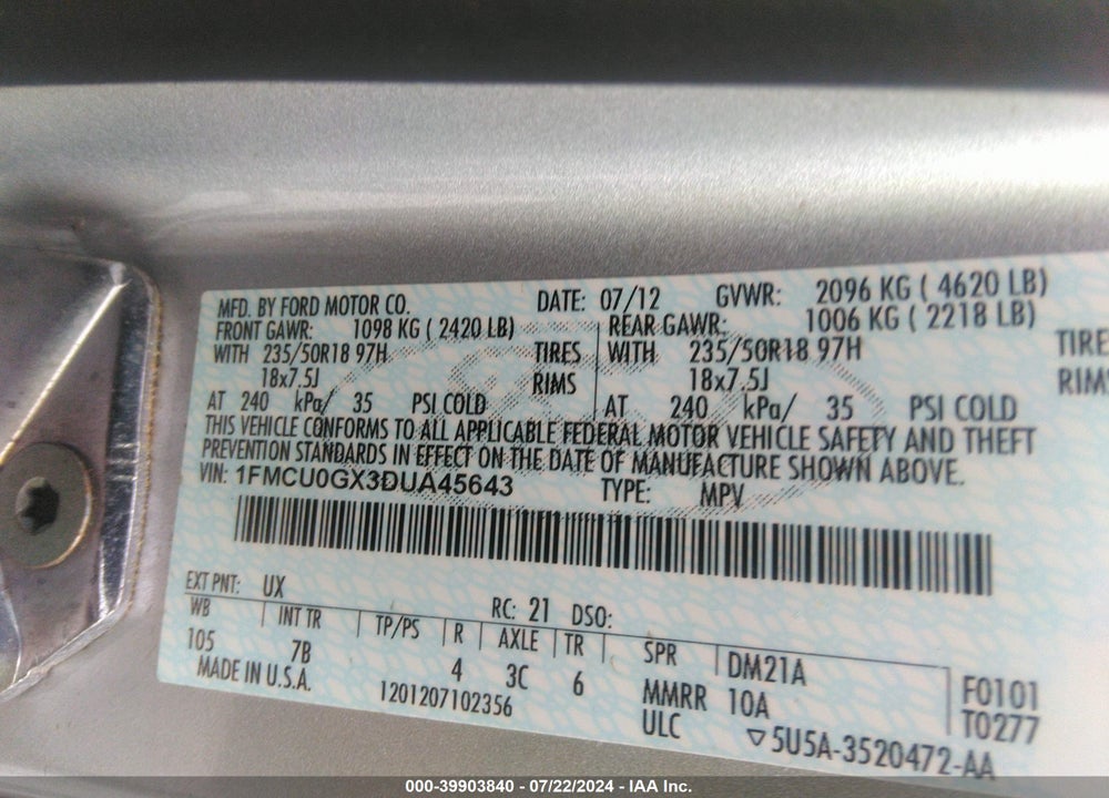 2013 FORD ESCAPE SE VIN: 1FMCU0GX3DUA45643
