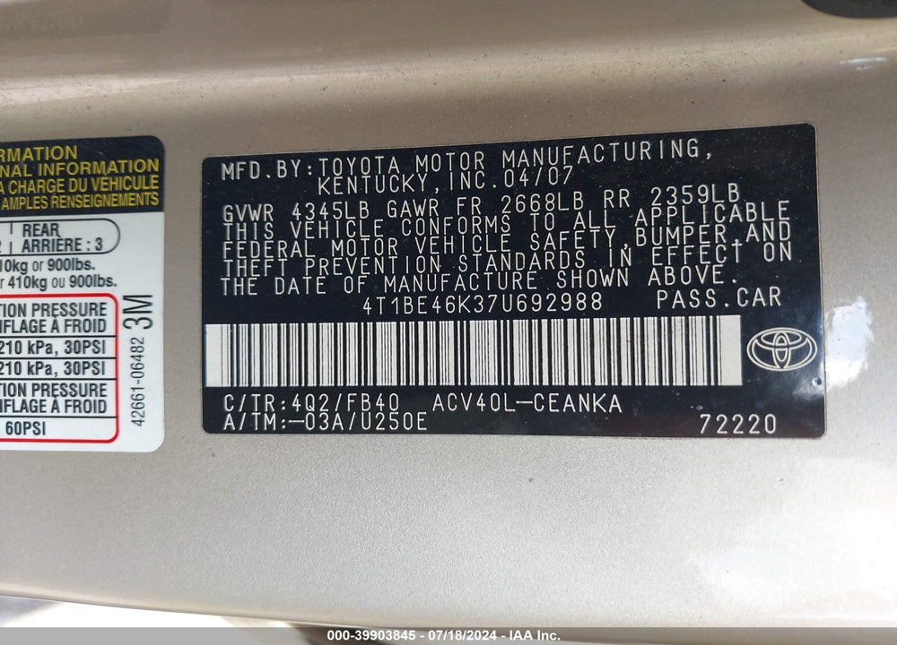 2007 TOYOTA CAMRY LE VIN: 4T1BE46K37U692988