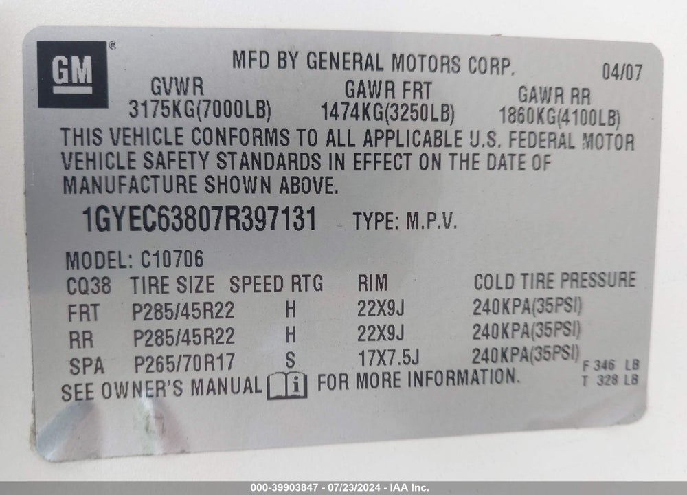2007 CADILLAC ESCALADE STANDARD VIN: 1GYEC63807R397131
