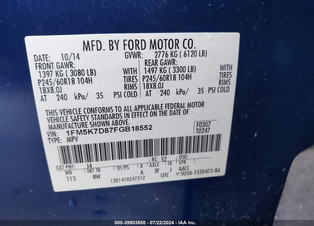2015 FORD EXPLORER XLT VIN: 1FM5K7D87FGB18552