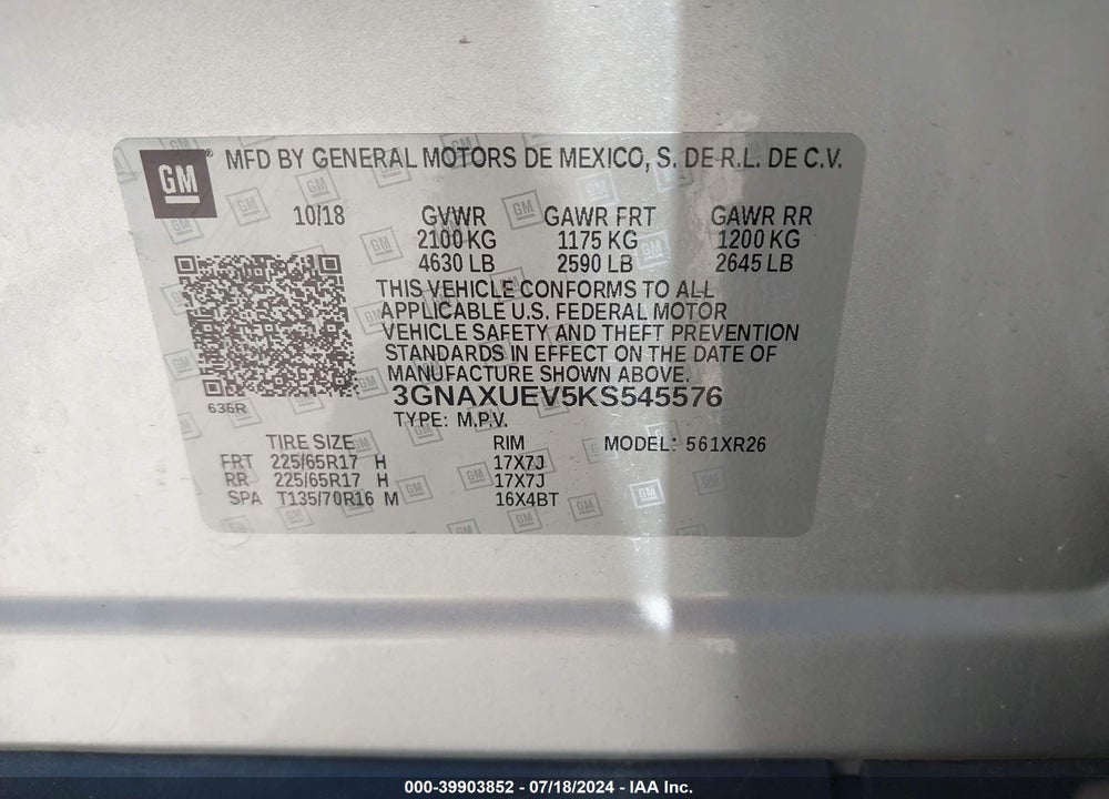 2019 CHEVROLET EQUINOX LT VIN: 3GNAXUEV5KS545576