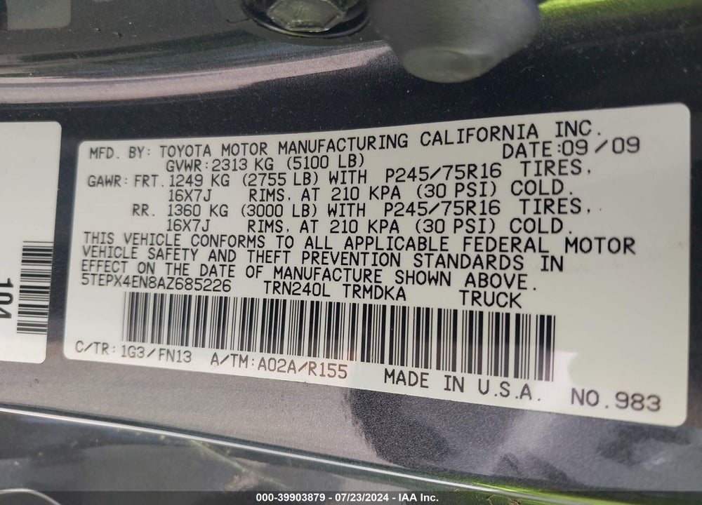 2010 TOYOTA TACOMA VIN: 5TEPX4EN8AZ685226
