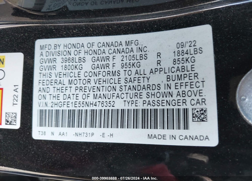 2022 HONDA CIVIC SI SEDAN VIN: 2HGFE1E55NH476352