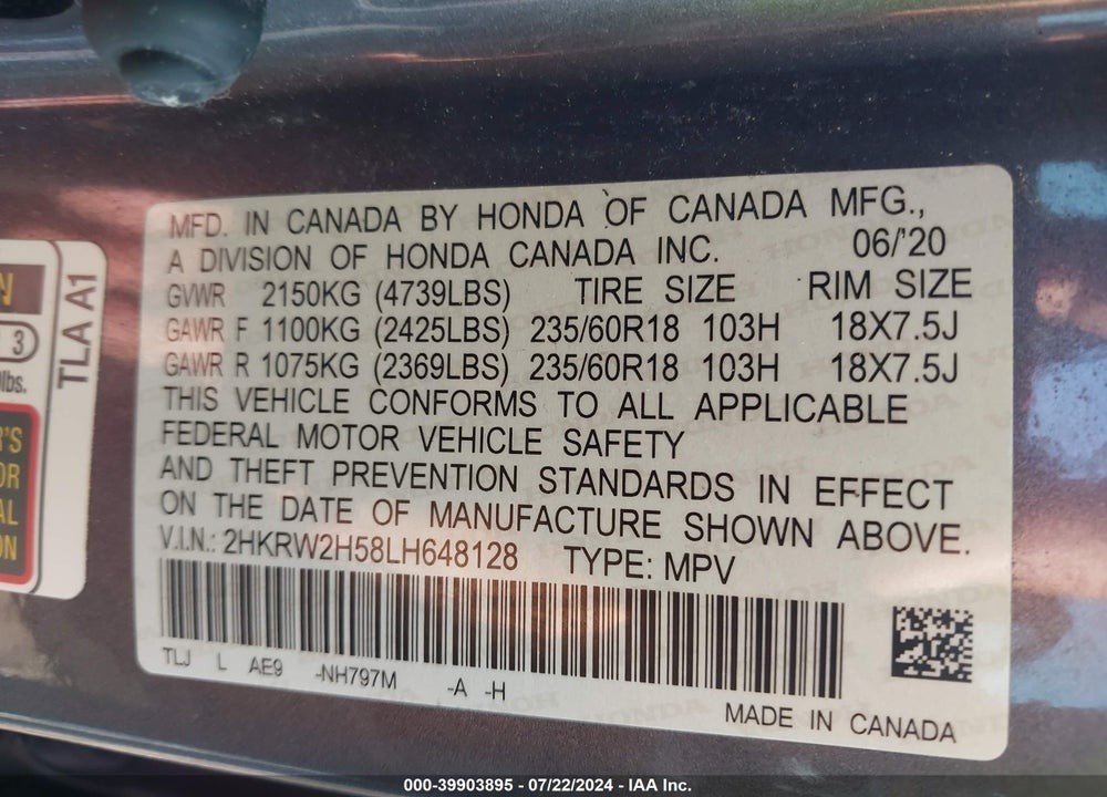 2020 HONDA CR-V AWD EX VIN: 2HKRW2H58LH648128