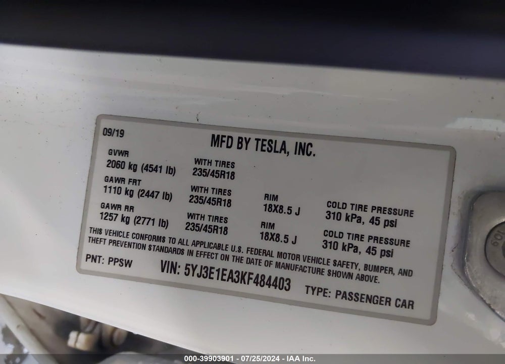 2019 TESLA MODEL 3 LONG RANGE/MID RANGE/STANDARD RANGE/STANDARD RANGE PLUS VIN: 5YJ3E1EA3KF484403