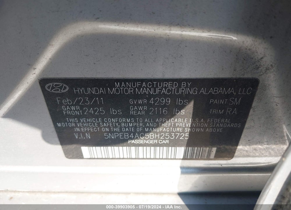 2011 HYUNDAI SONATA GLS VIN: 5NPEB4AC5BH253725