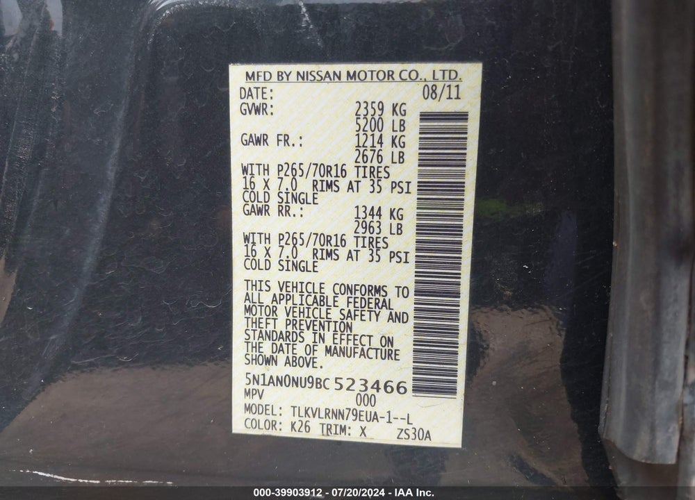 2011 NISSAN XTERRA S VIN: 5N1AN0NU9BC523466