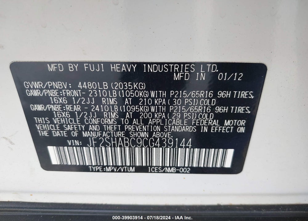 2012 SUBARU FORESTER 2.5X VIN: JF2SHABC9CG439144