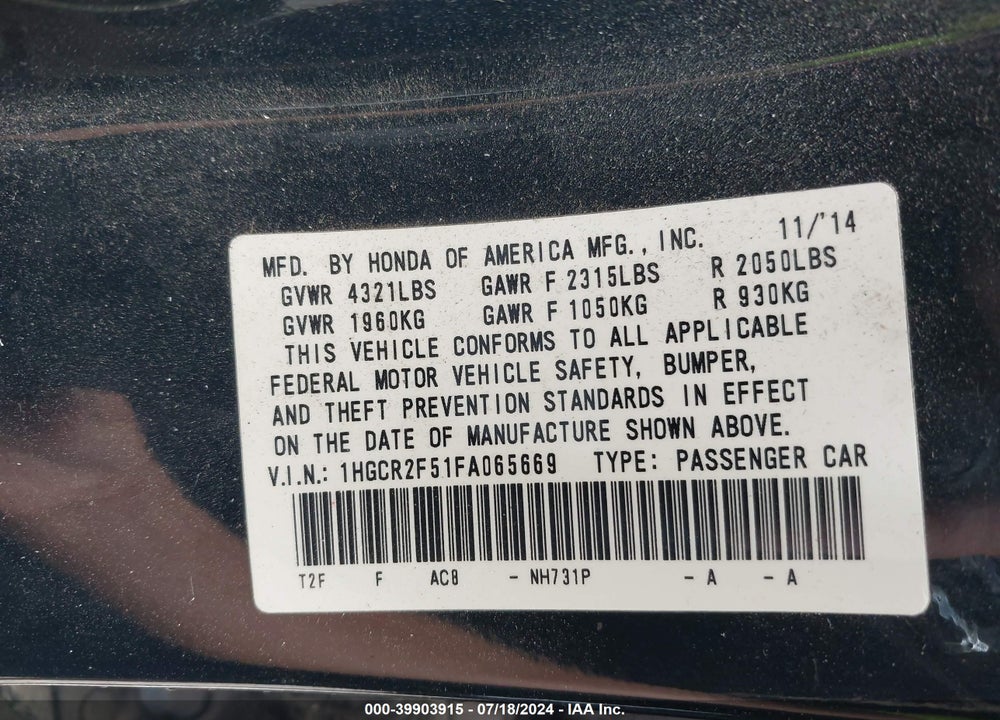 2015 HONDA ACCORD SPORT VIN: 1HGCR2F51FA065669