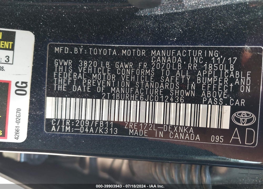 2018 TOYOTA COROLLA LE VIN: 2T1BURHE6JC012436
