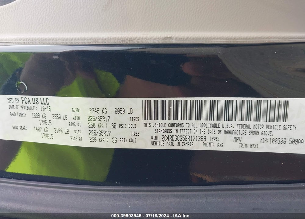 2016 DODGE GRAND CARAVAN SXT VIN: 2C4RDGCG5GR171369