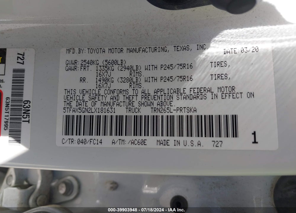 2020 TOYOTA TACOMA SR5 VIN: 5TFAX5GN2LX181631