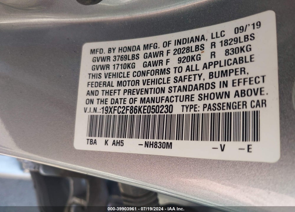 2019 HONDA CIVIC SPORT VIN: 19XFC2F86KE050230