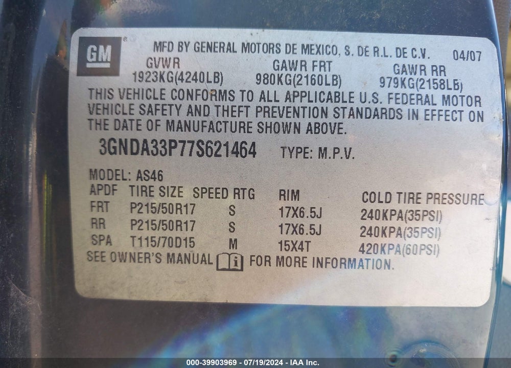 2007 CHEVROLET HHR LT VIN: 3GNDA33P77S621464