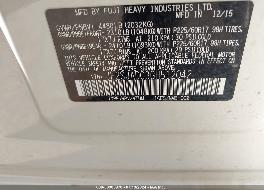 2016 SUBARU FORESTER VIN: JF2SJADC3GH512042