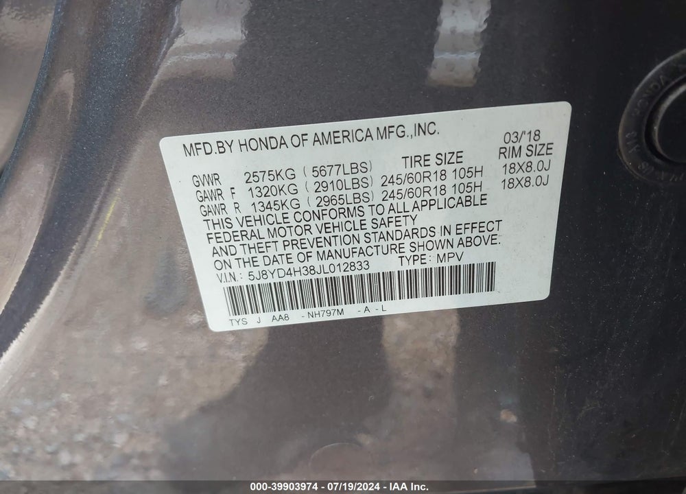 2018 ACURA MDX VIN: 5J8YD4H38JL012833