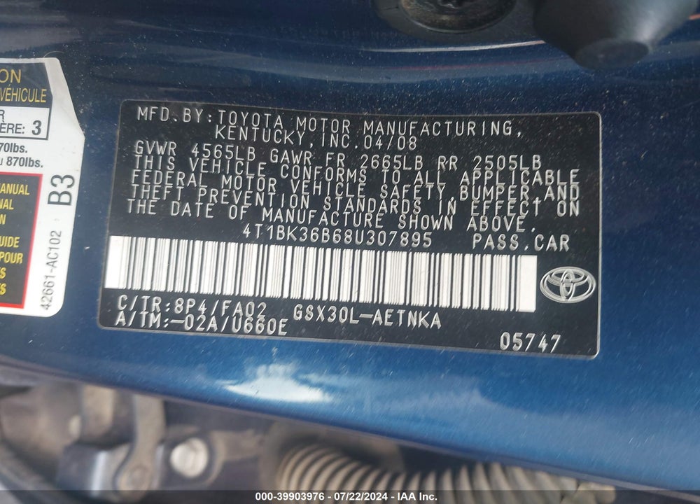 2008 TOYOTA AVALON XL VIN: 4T1BK36B68U307895
