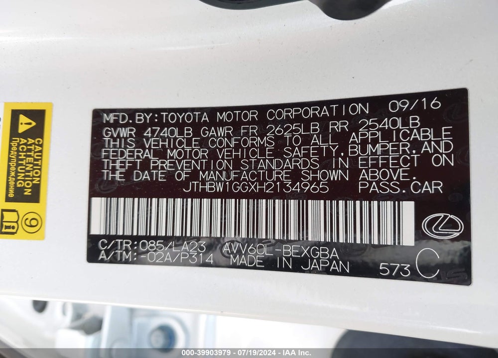 2017 LEXUS ES 300H VIN: JTHBW1GGXH2134965