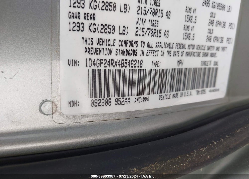 2004 DODGE GRAND CARAVAN SE VIN: 1D4GP24RX4B546218