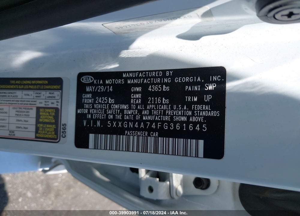 2015 KIA OPTIMA EX VIN: 5XXGN4A74FG361645