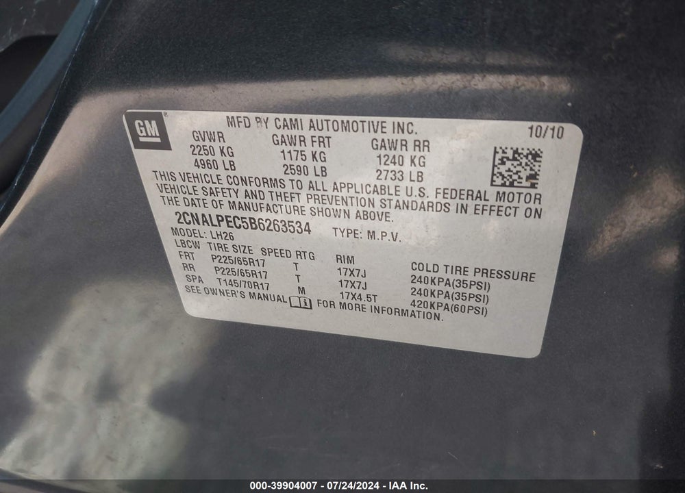 2011 CHEVROLET EQUINOX 2LT VIN: 2CNALPEC5B6263534