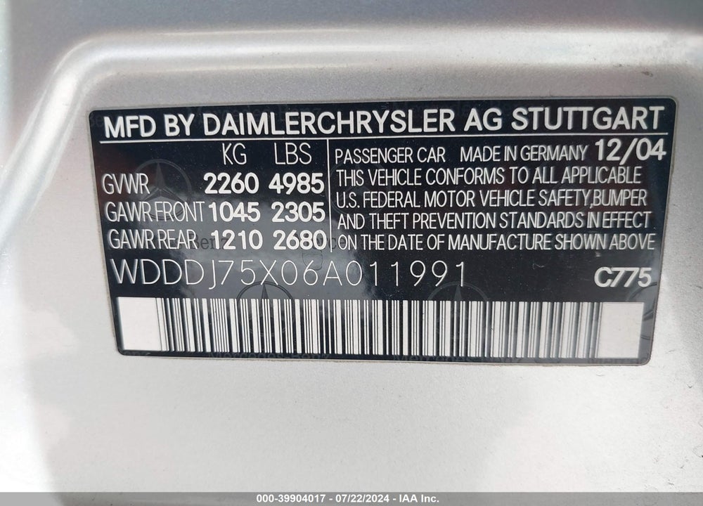 2006 MERCEDES-BENZ CLS 500 VIN: WDDDJ75X06A011991
