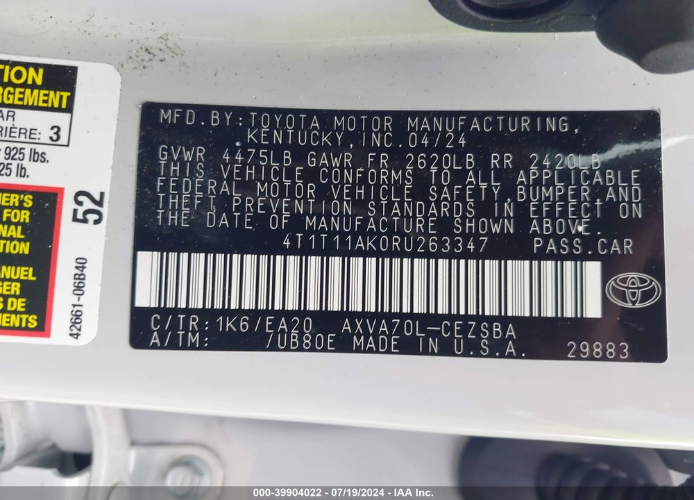 2024 TOYOTA CAMRY SE VIN: 4T1T11AK0RU263347