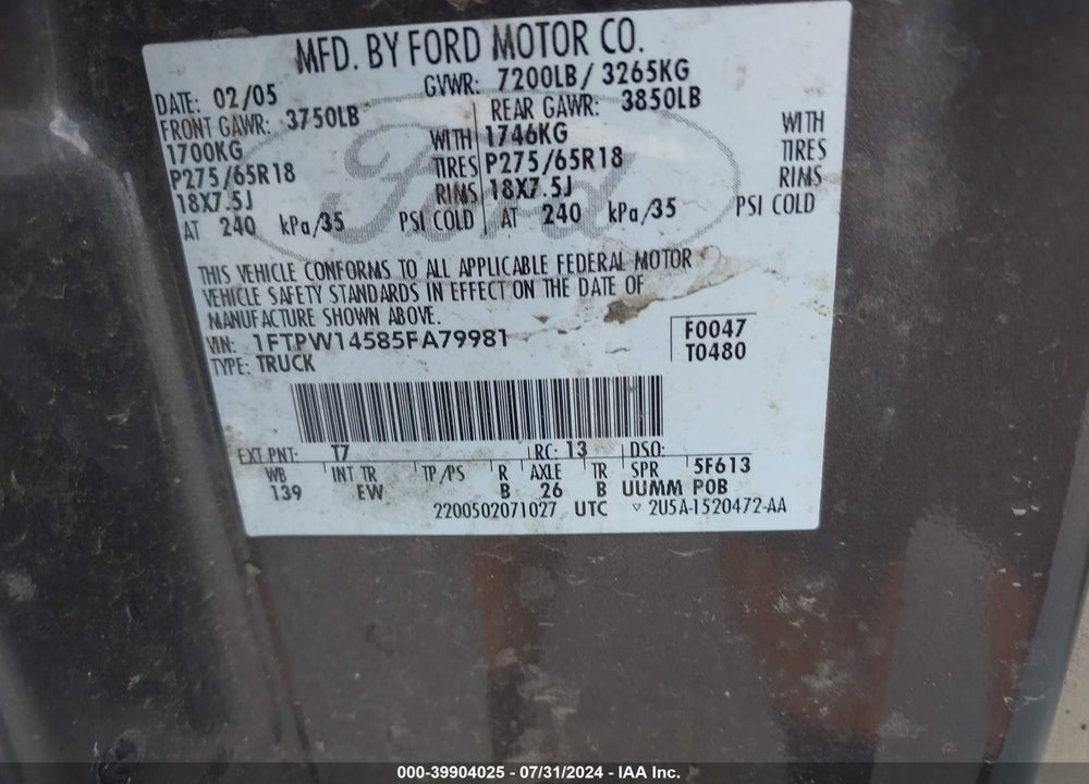 2005 FORD F-150 FX4/LARIAT/XLT VIN: 1FTPW14585FA79981