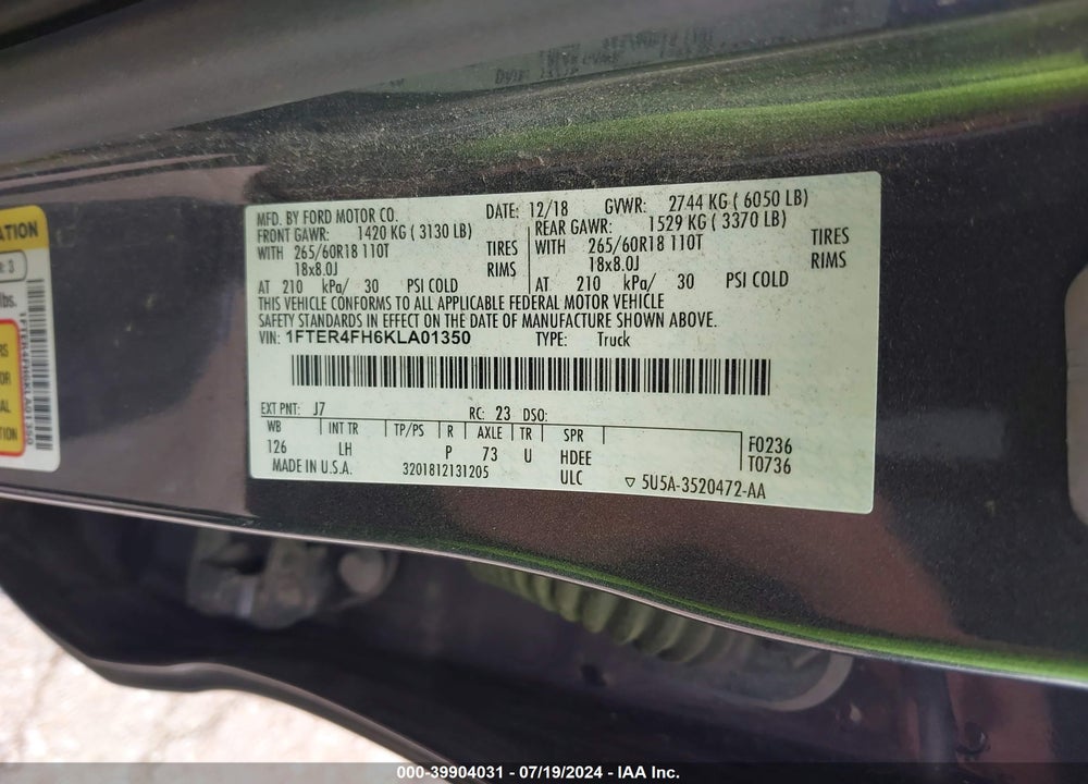2019 FORD RANGER XLT VIN: 1FTER4FH6KLA01350
