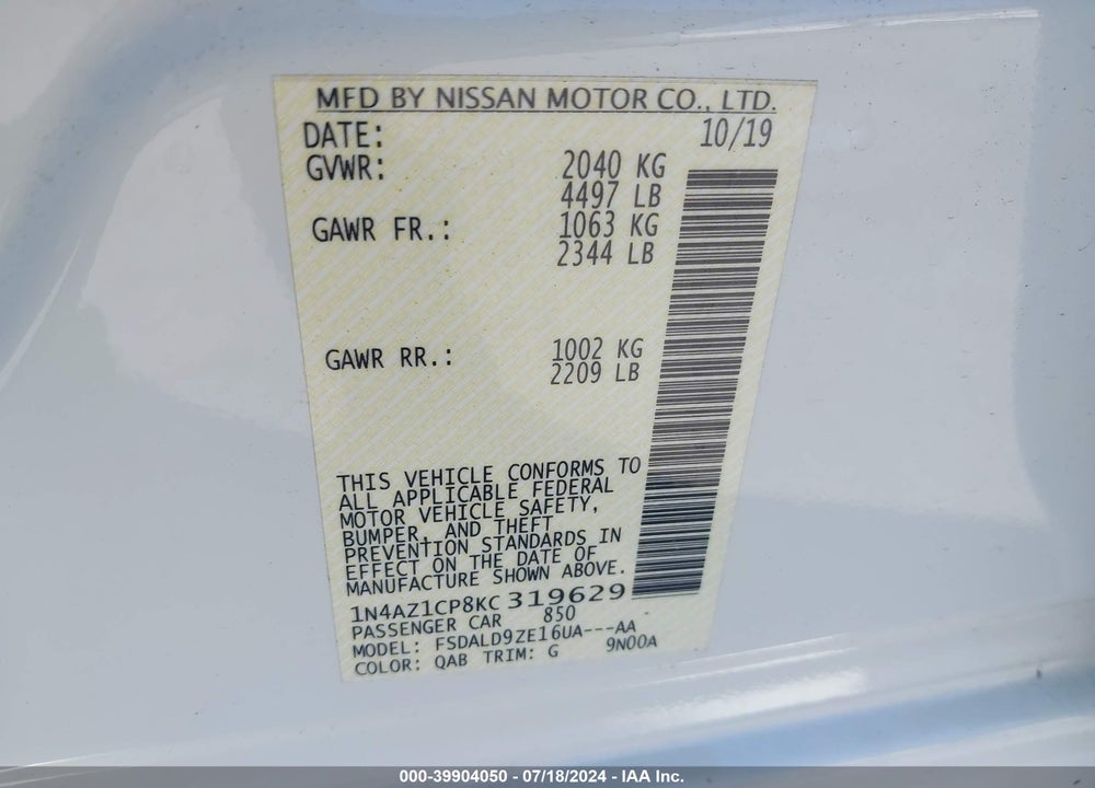 2019 NISSAN LEAF VIN: 1N4AZ1CP8KC319629