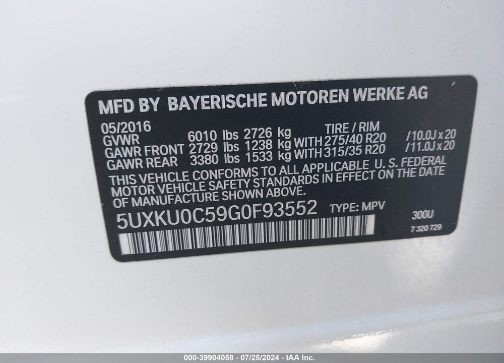2016 BMW X6 SDRIVE35I VIN: 5UXKU0C59G0F93552