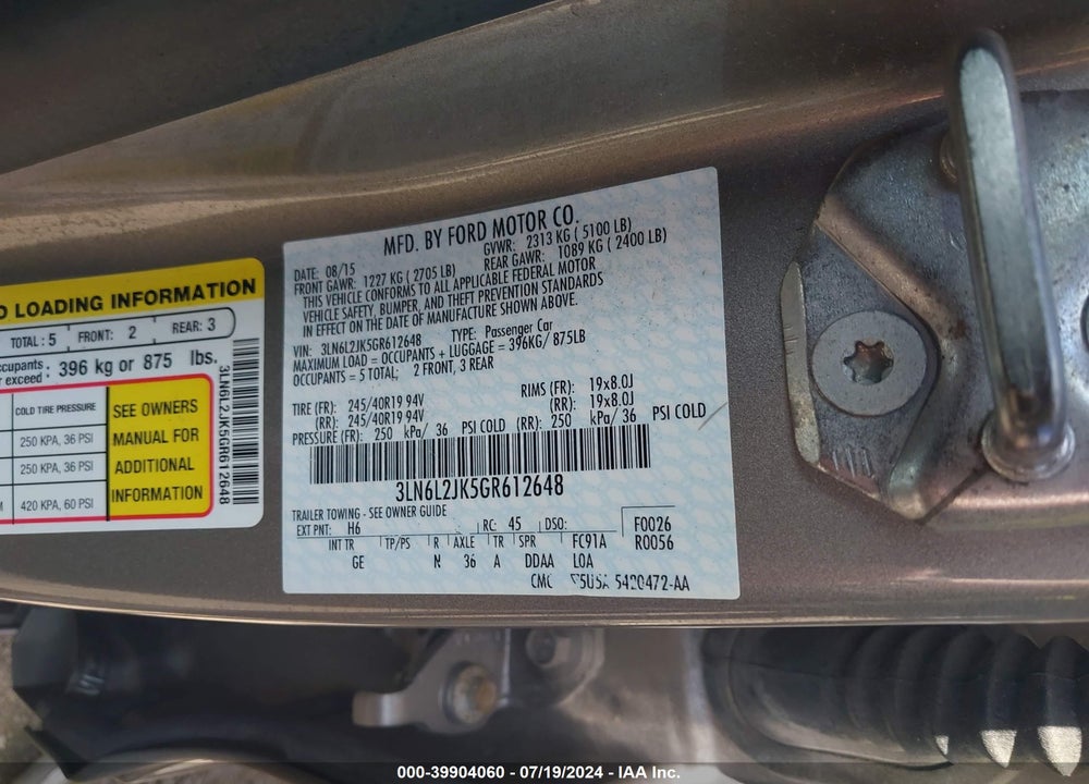 2016 LINCOLN MKZ VIN: 3LN6L2JK5GR612648