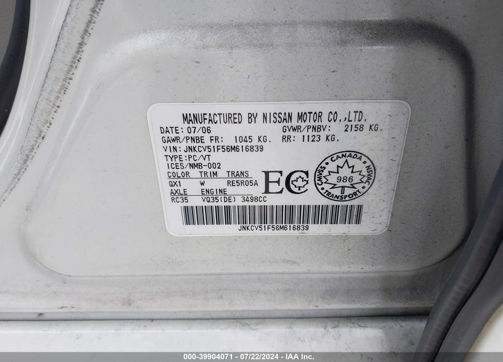 2006 INFINITI G35X VIN: JNKCV51F56M616839
