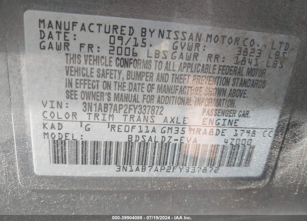 2015 NISSAN SENTRA SV VIN: 3N1AB7AP2FY337872
