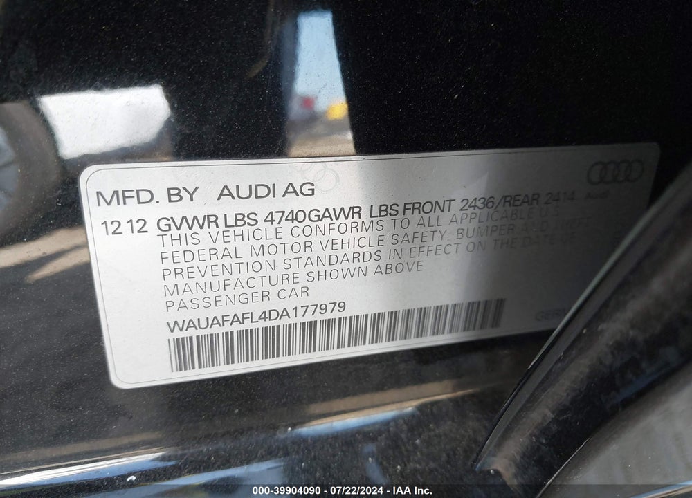2013 AUDI A4 2.0T PREMIUM VIN: WAUAFAFL4DA177979