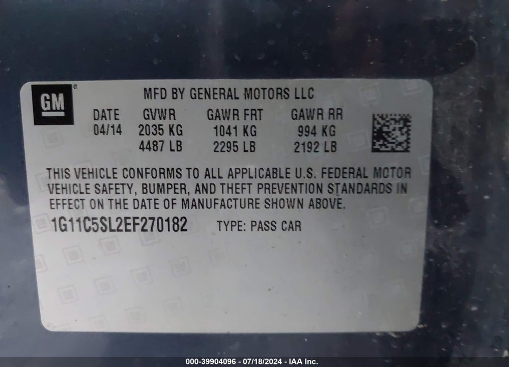 2014 CHEVROLET MALIBU 1LT VIN: 1G11C5SL2EF270182