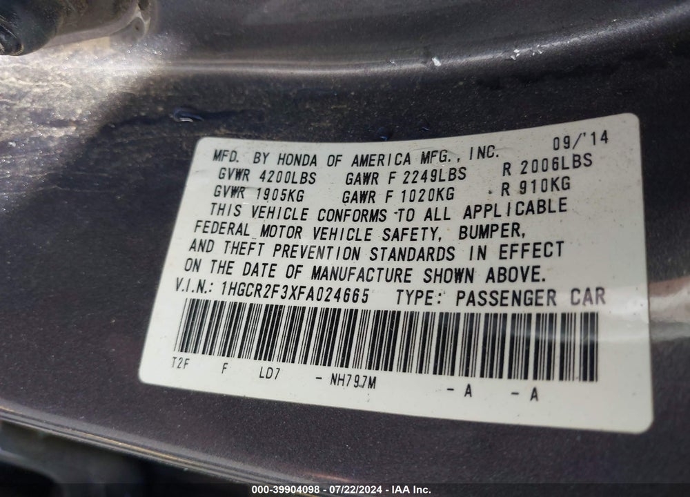 2015 HONDA ACCORD LX VIN: 1HGCR2F3XFA024665