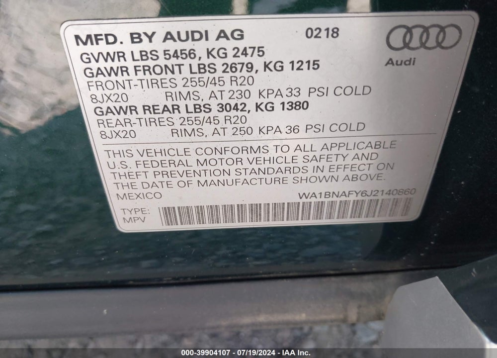 2018 AUDI Q5 2.0T PREMIUM/2.0T TECH PREMIUM VIN: WA1BNAFY6J2140860