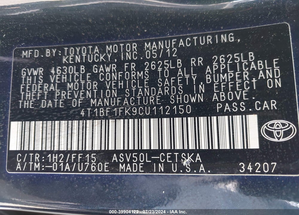 2012 TOYOTA CAMRY SE VIN: 4T1BF1FK9CU112150