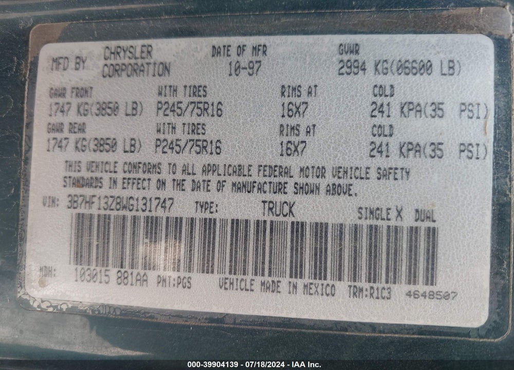 1998 DODGE RAM 1500 ST VIN: 3B7HF13Z8WG131747