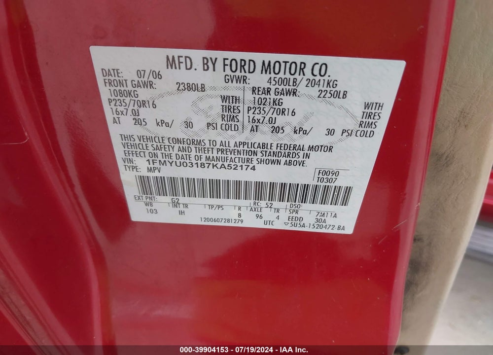 2007 FORD ESCAPE XLT/XLT SPORT VIN: 1FMYU03187KA52174