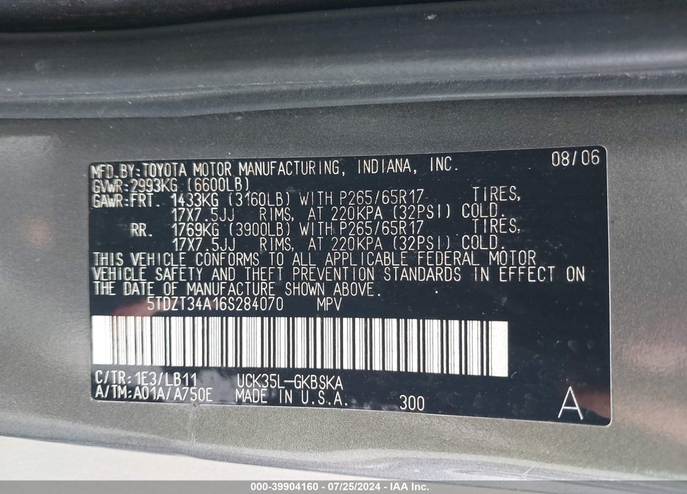 2006 TOYOTA SEQUOIA SR5 V8 VIN: 5TDZT34A16S284070