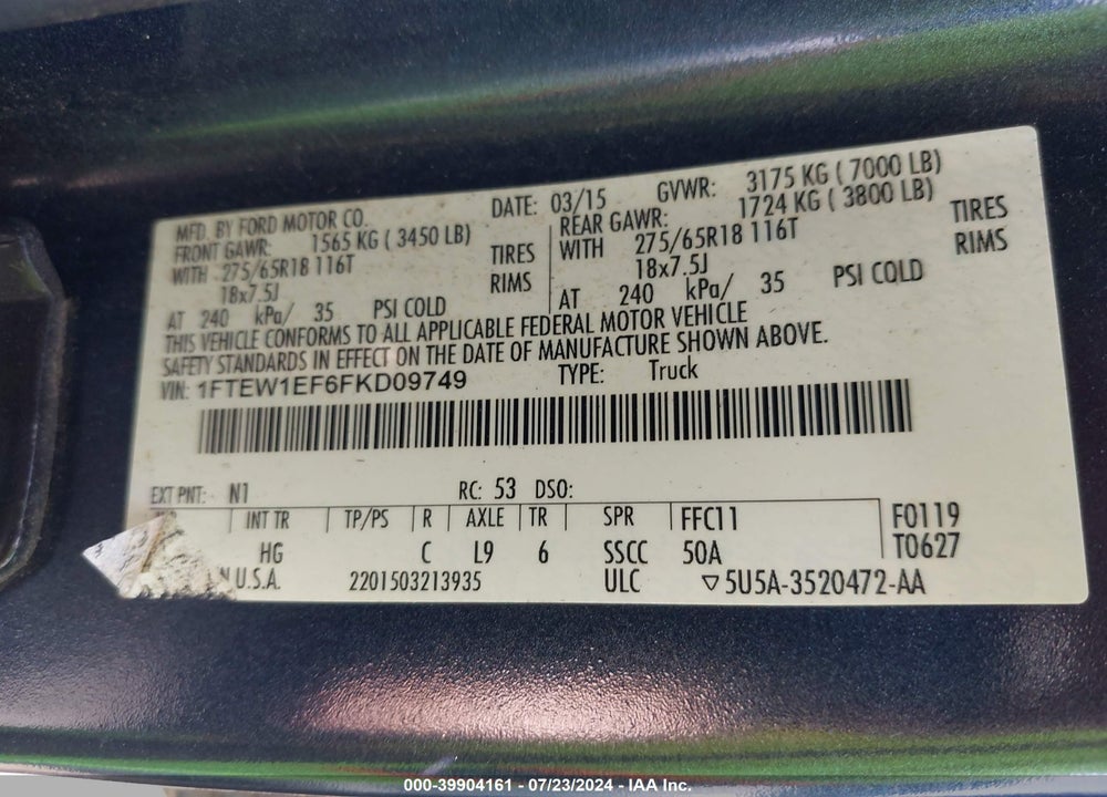 2015 FORD F150 VIN: 1FTEW1EF6FKD09749