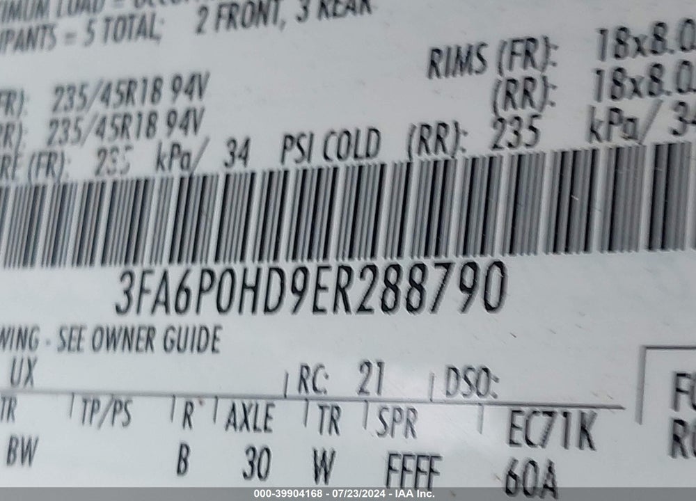 2014 FORD FUSION SE VIN: 3FA6P0HD9ER288790