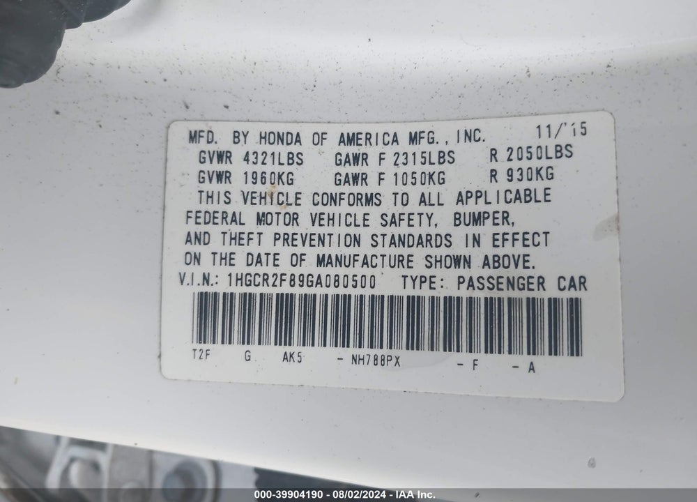 2016 HONDA ACCORD VIN: 1HGCR2F89GA080500